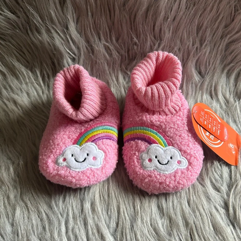 Wonder Nation Slippers Baby Girl Size 6 Pink Fuzzy Rainbow Shoes 18 Months